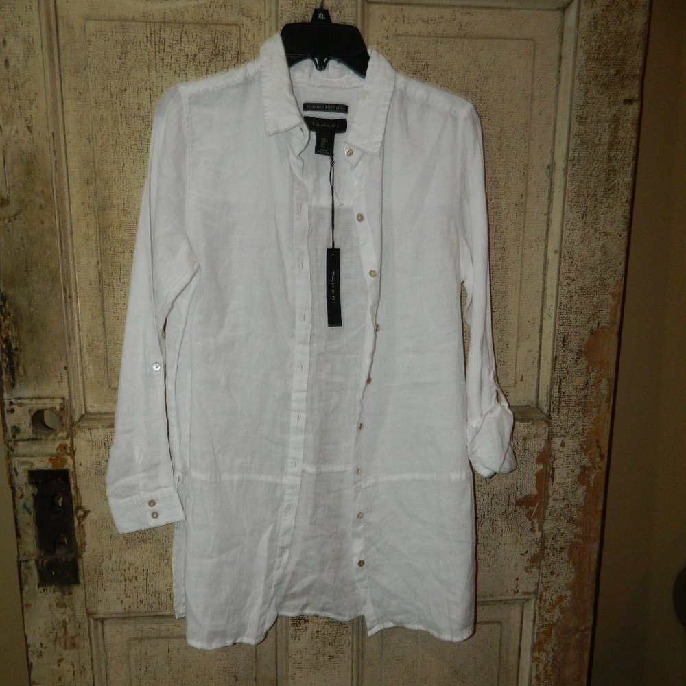 Tahari Tunic Women's 100% Linen Long Line Button Front Shirt Size S (D-23)